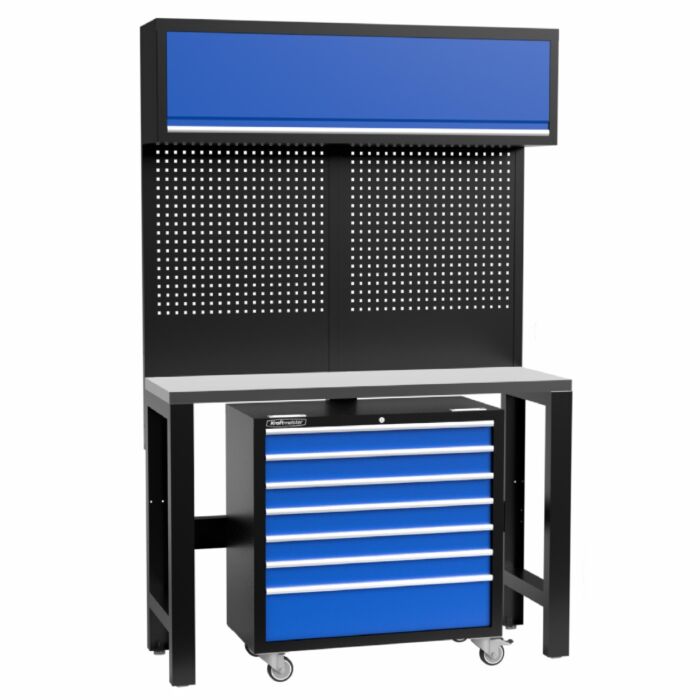 Kraftmeister Standard werkbank met wandkast en gereedschapswagen RVS 136 cm blauw